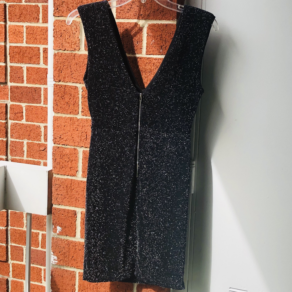 Forever 21 BodyCon Sparkly Dress Black with Silver Tread Lined Stretchy β#056 - Picture 4 of 13
